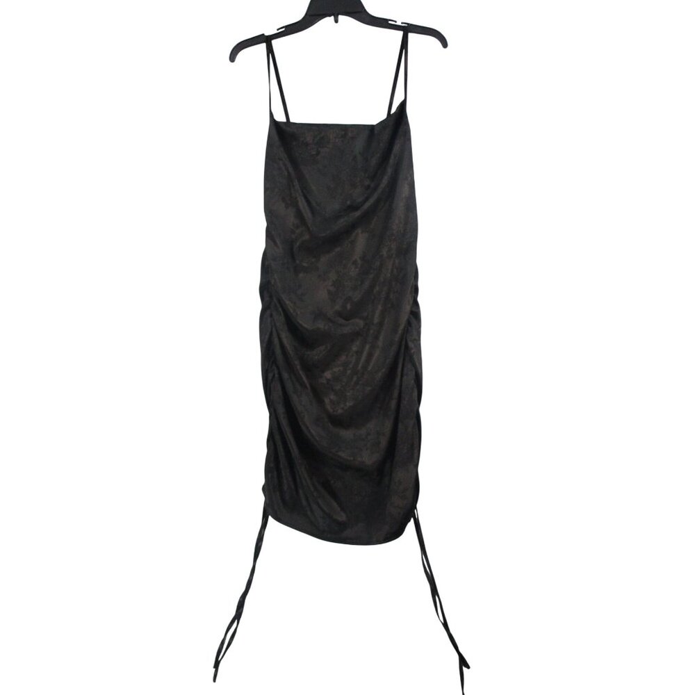 Floral Jacquard Black Ruched‎ Mini Dress With Adjustable Straps & Drawstring Hem